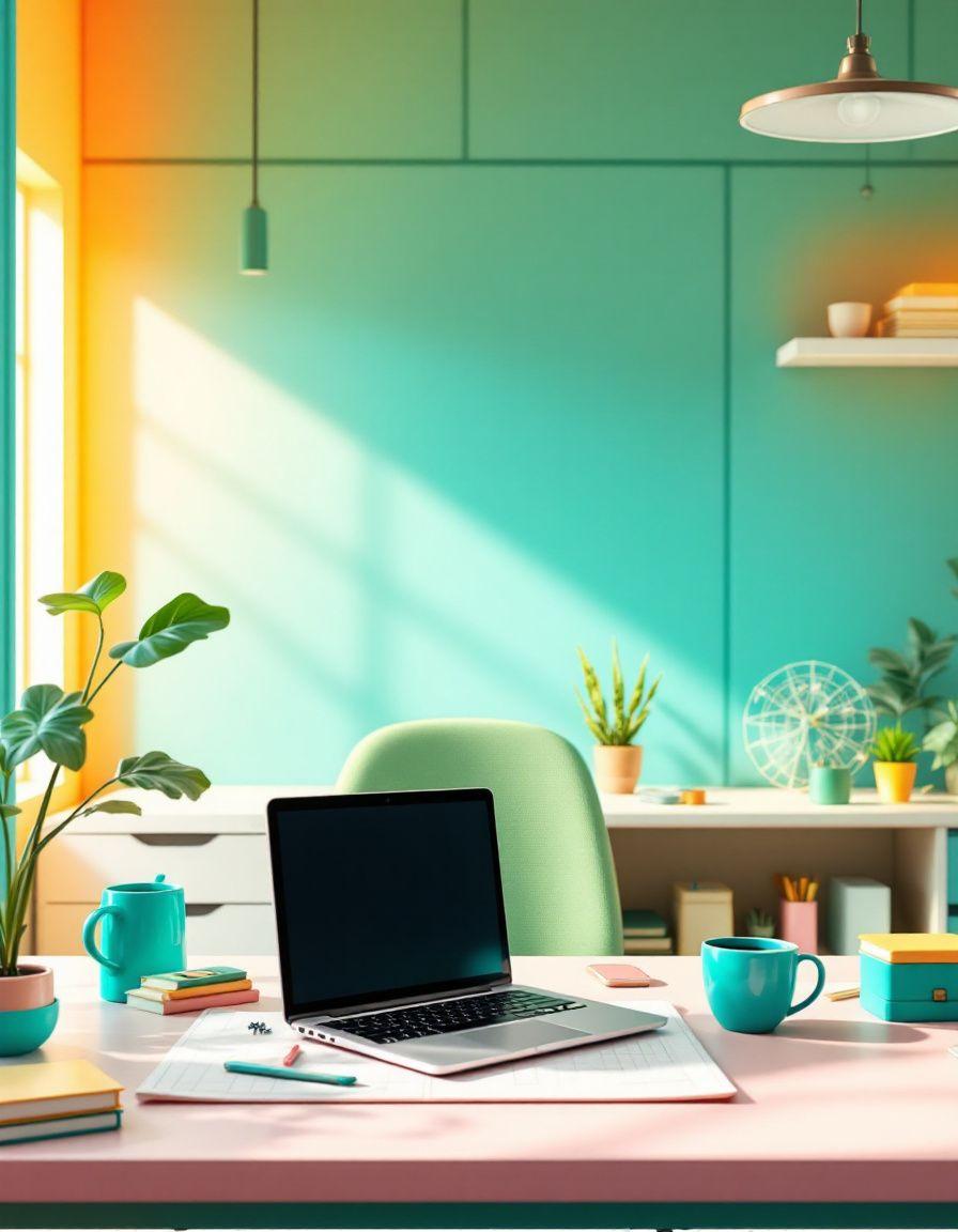 Colorful modern workspace with a laptop, houseplants, and colorful stationery on a desk.